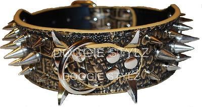 Dog Collar Black & Gold Leather 22 25 Spikes Pitbull Rottweiler 