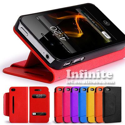 Leather Red Wallet Flip Stand Hard Case Skin Cover For Apple iPhone 4 