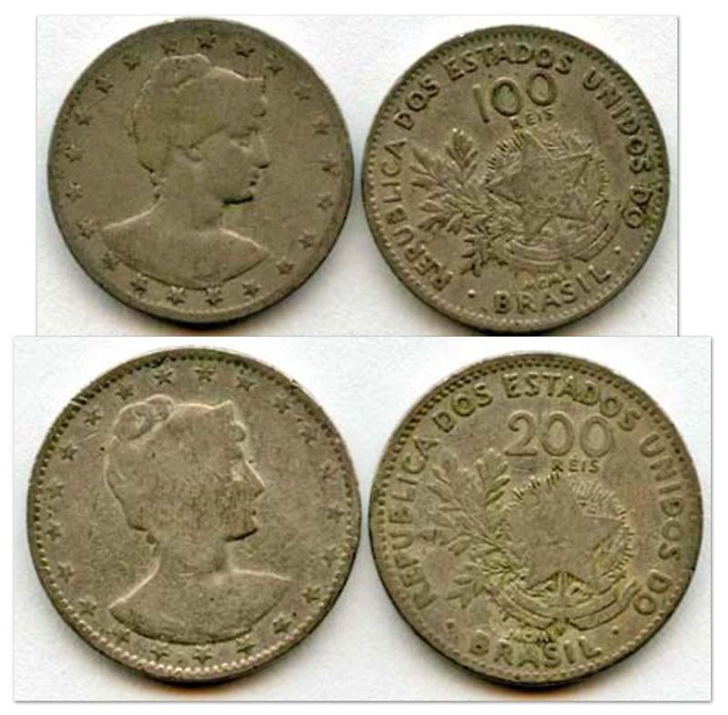 brazil 1901 100 200 reis 2 coin set km503 504