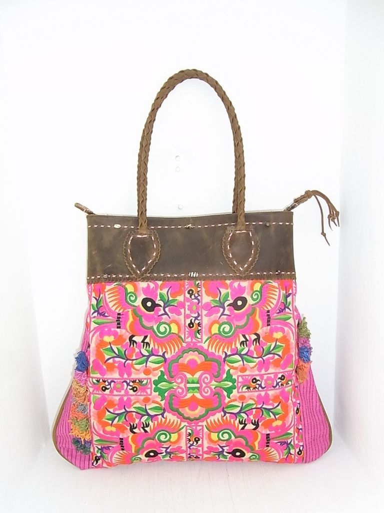 Tote Handbag Leather Embroidered Cloth Hmong Bag Genuine Leather Strap 