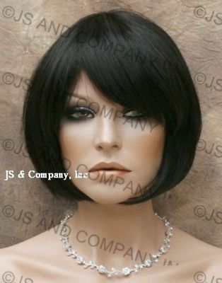 100% SHORT above chin HUMAN HAIR Off Black with Bangs WIG MOMV #1B