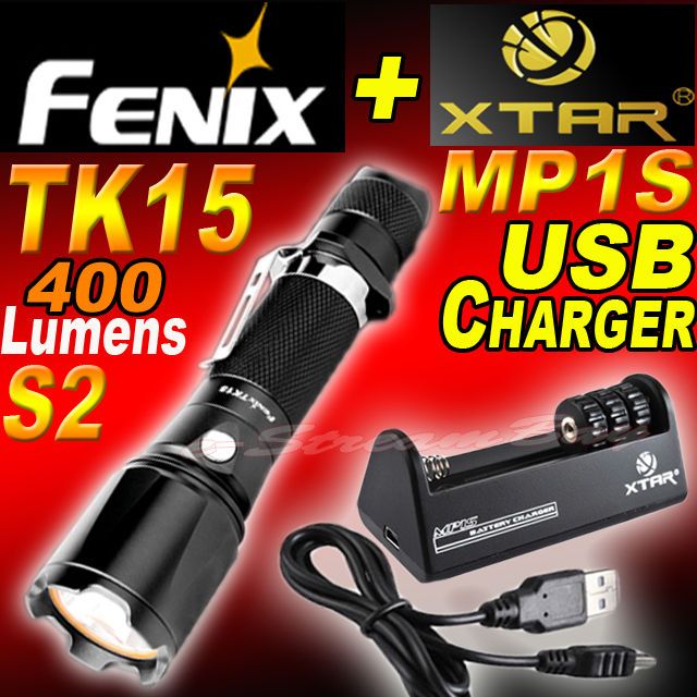 Fenix TK15 Cree XP G S2 LED 400 lumens Flashlight + MP1S USB Charger 