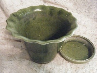 Vintage Green Adah Art Pottery Flower Pot Planter w Underplate Dallas 