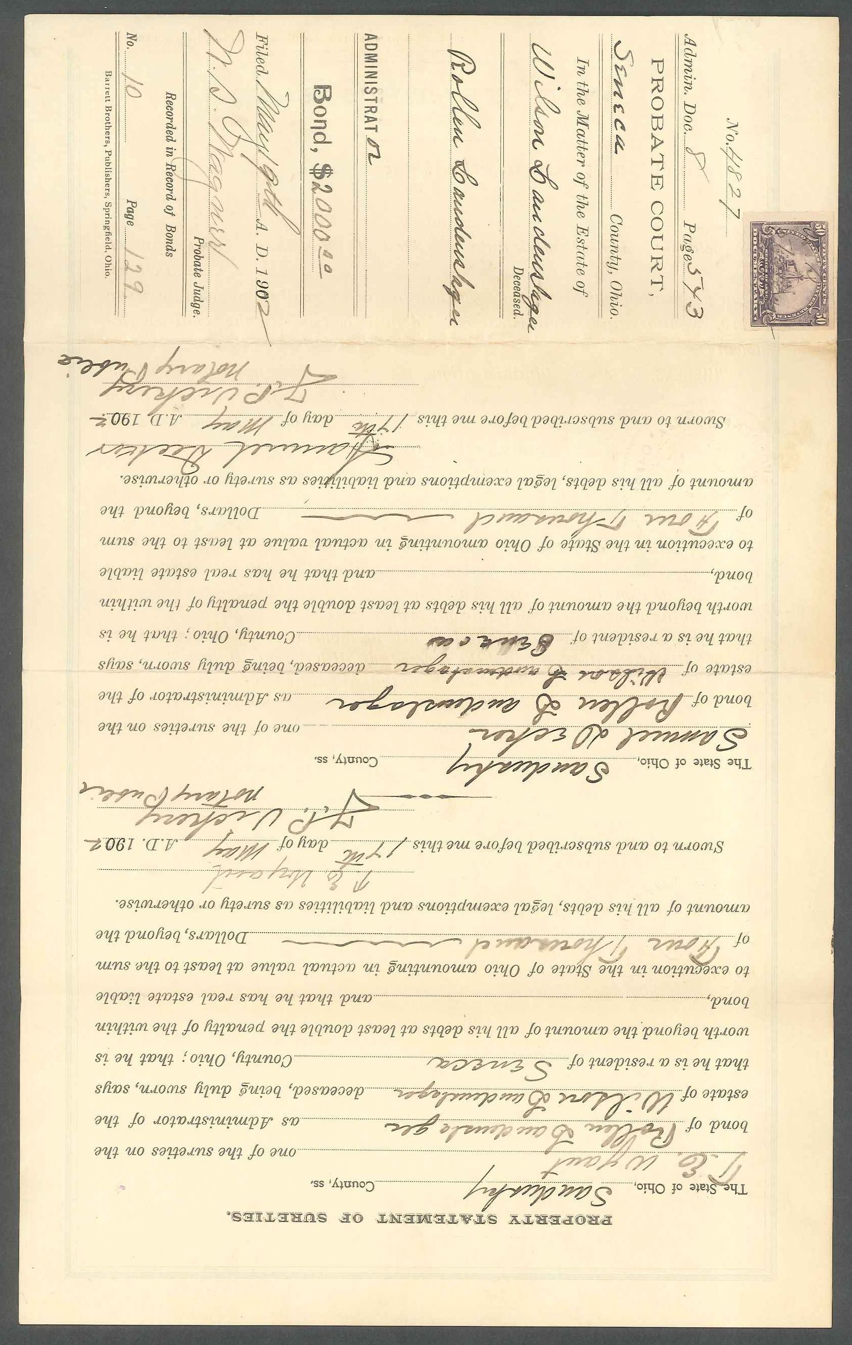 Administrators Bond, Estate of Wilson Loudmslager, 1902 Seneca County 