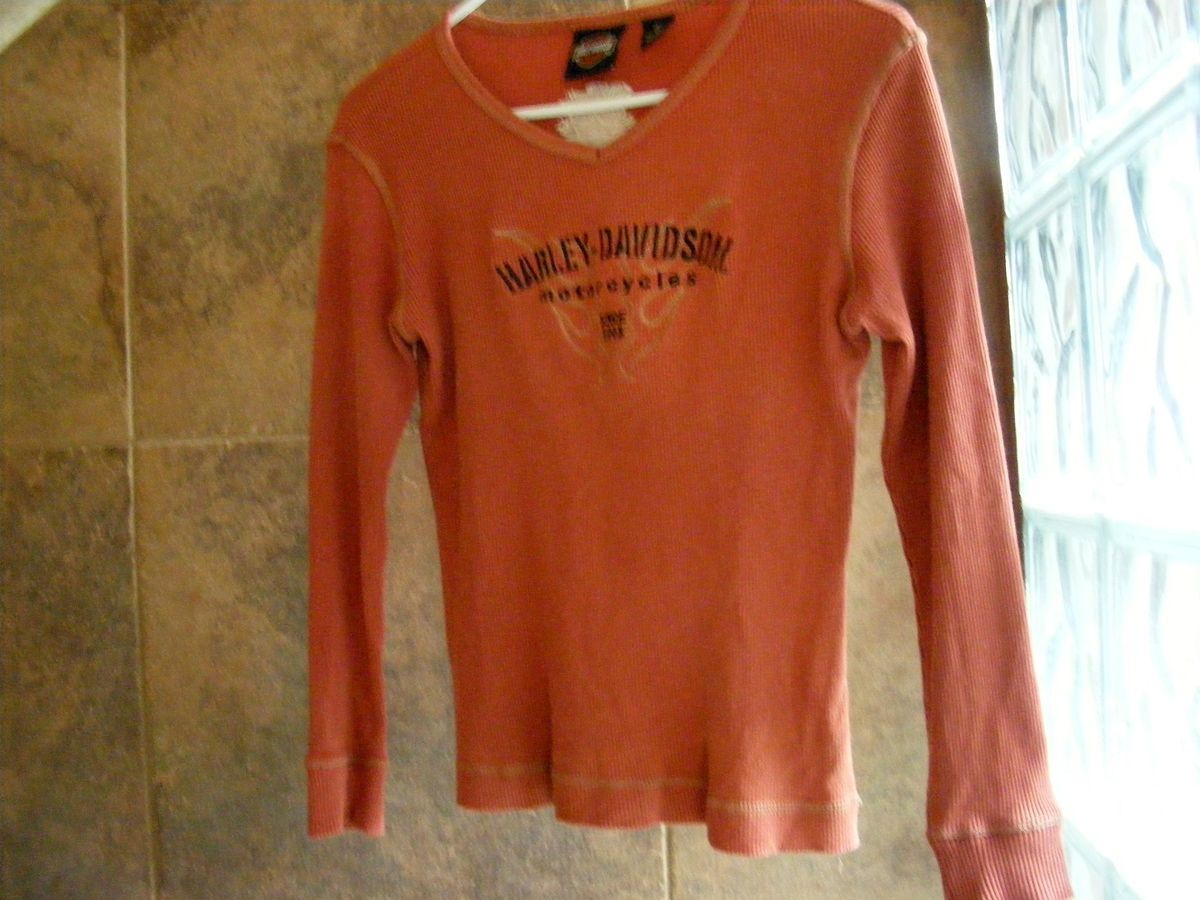 Harley Davidson Womens Long Sleeved V neck Orange Shirt Size Small