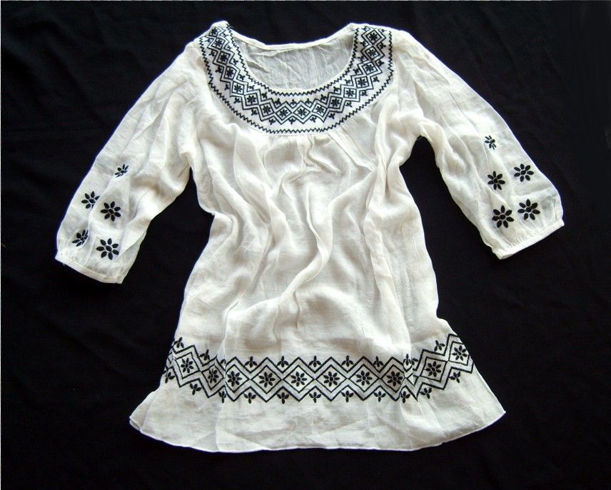 Airy Whisper White Cotton Boho Tunic Blouse Top Sweet Embroidery 5 C3 