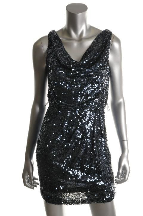 Aidan Mattox Navy Sequined Sleeveless Cowl Neck Blouson Clubwear Dress 