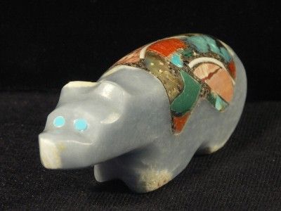 NR Blue Angelite Bear w Inlay by Jayne Quam Zuni Fetish Native 