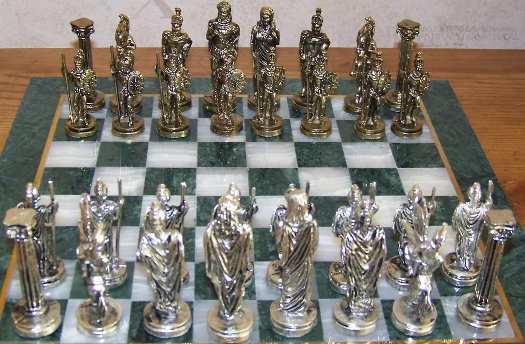 11 Square Marble Board with Ancient Greek Metal Figures Chess Set 