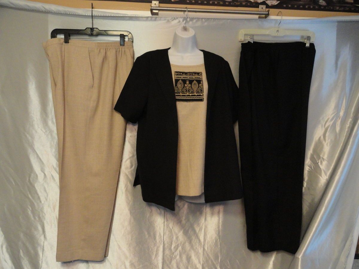 3pc Alfred Dunner 14P 10P Pantsuit 2pair Pants Ecru Black 1 SS Shirt 