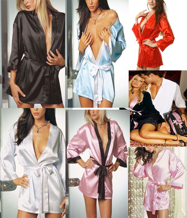   Pink Red Lingerie Silk Nightdress Bath Robe Sleepwear 7 Color