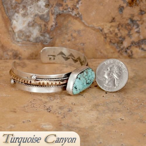Navajo Native American Turquoise Bracelet w Silver Gold by Nelson SKU 
