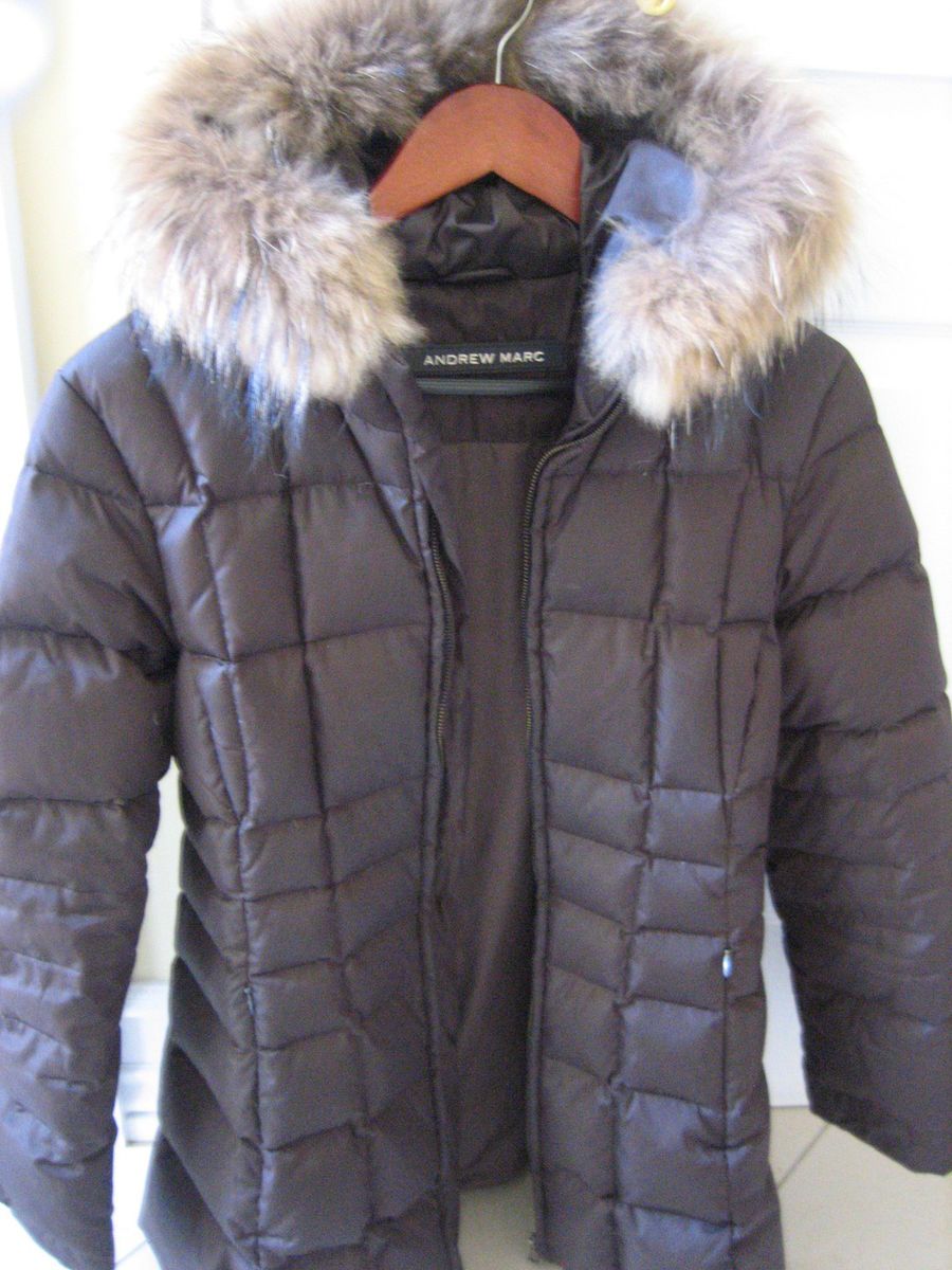 ANDREW MARC Womens Down Puffer Coat Jacket w/ Fur Hood Sz M