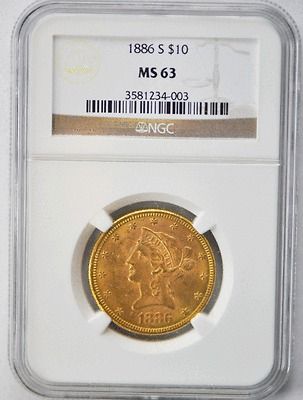 1886 S $10 Liberty Head Gold Coin NGC MS63 Rare Old Gold San Francisco 