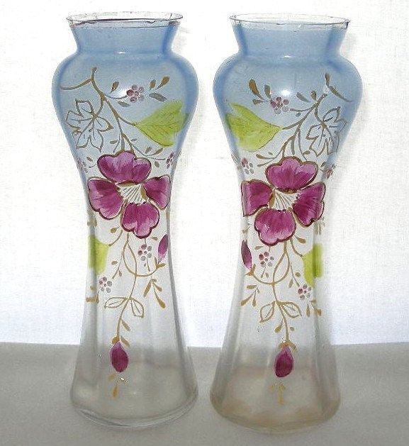 Antique Vase Pair 1800s Mirror Image Hand Painted Glass Victorian or 