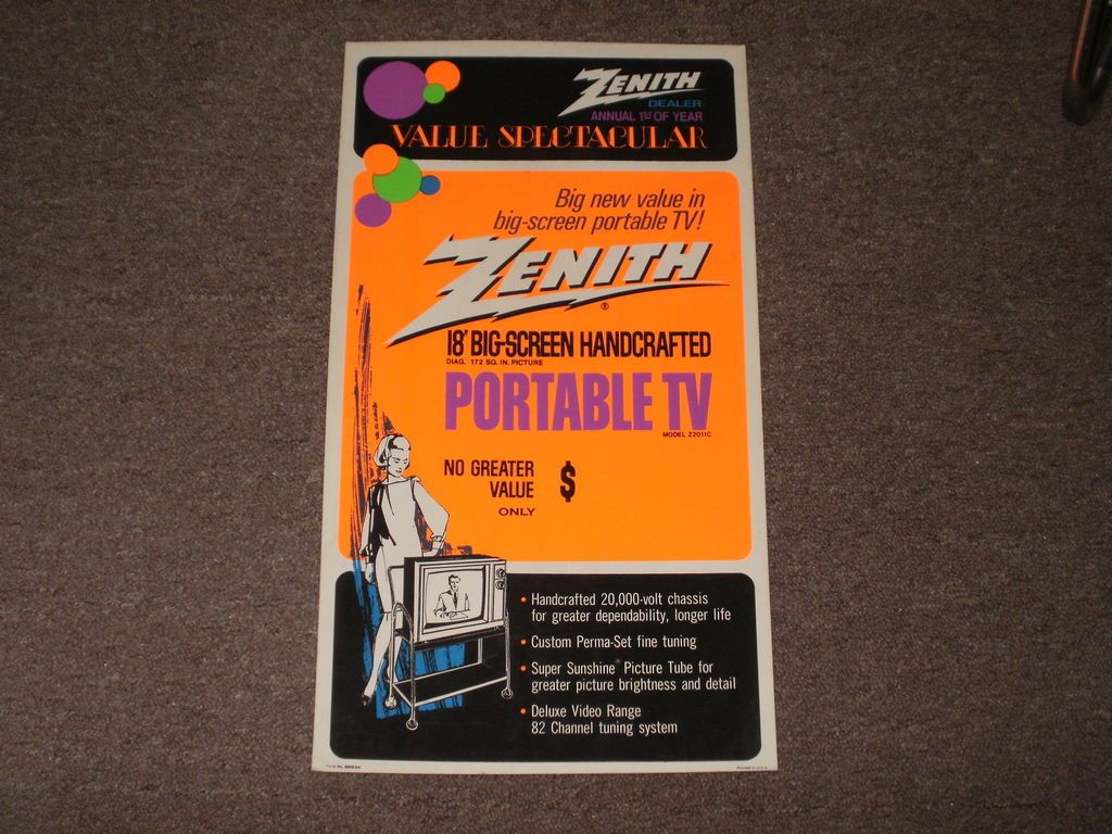 ZENITH PORTABLE TV Cardboard Store Display Sign  1970s  Neon Colors 