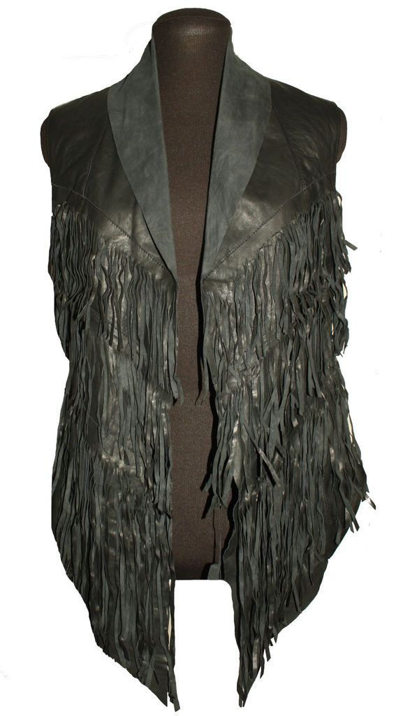 All Saints Leather Black Tassel Gilet New Ladies Women Vintage Washed 