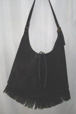 unique URSULE BEAUGESTE BLACK IMPRINTED LEATHER & FRINGE SLIM HANDBAG 