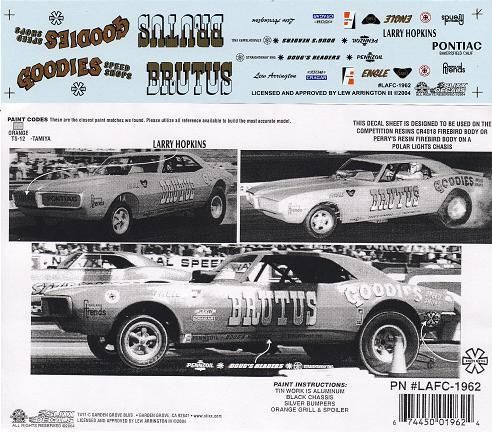 Lew Arrington Brutus Firebird NHRA Decals Slixx 1962