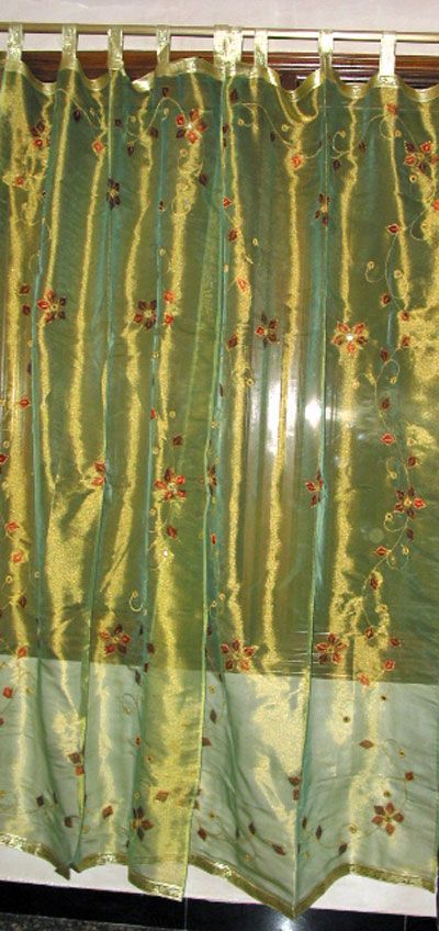 Green Sari Embroidered Sheer Curtain Mirror Work India Curtain Drape 