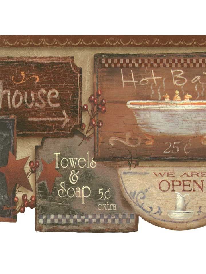 Rustic Bath Signs Wallpaper Border, JN1848B country bathroom