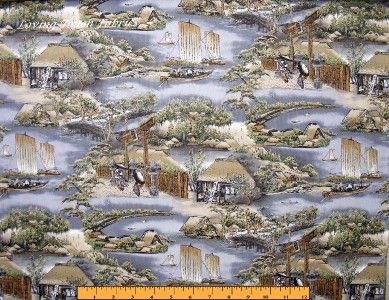 2002 Kona Bay Asian Japan Scenic Village Boats Fabric 1 2 yd 18x44 