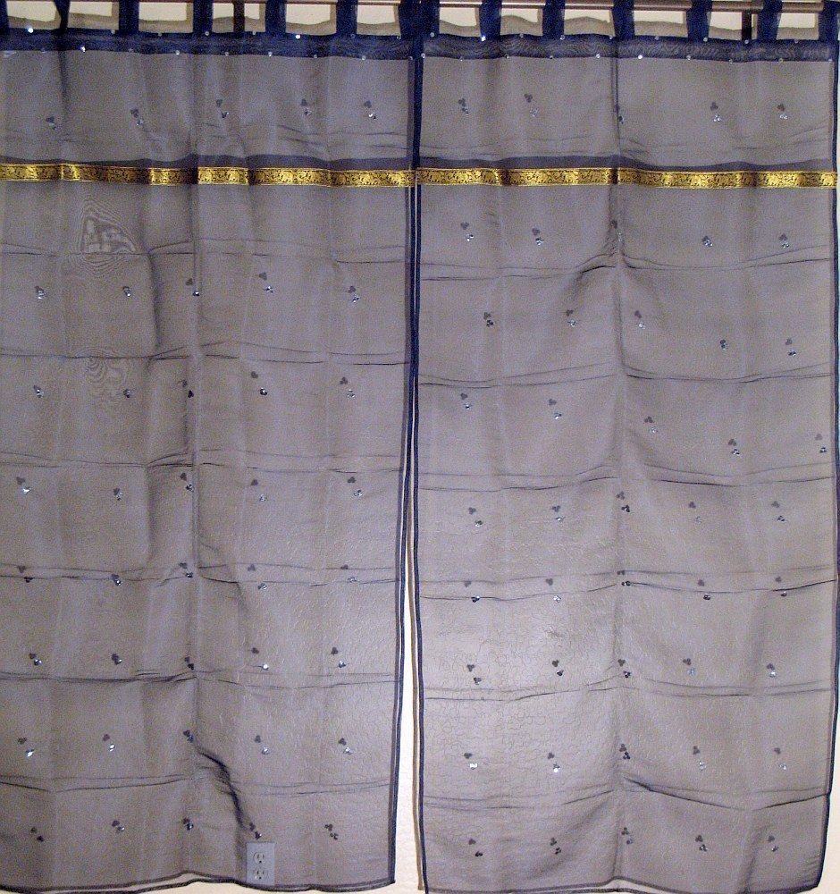   Sari Navy Blue India Organza Sequin work 2 Sheer Curtains Panels 78in