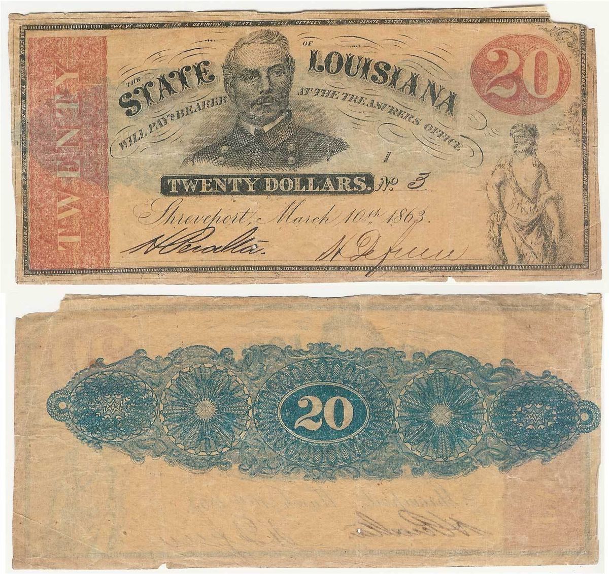 Louisiana CSA Currency 20 GENERAL P G T BEAUREGARD 1863 SERIAL 3