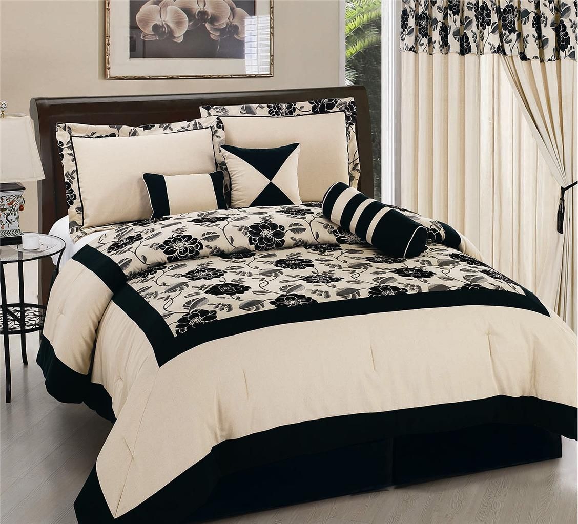 15PC Black Beige Flannel Daisy Seashell Comforter King w/ Matching 