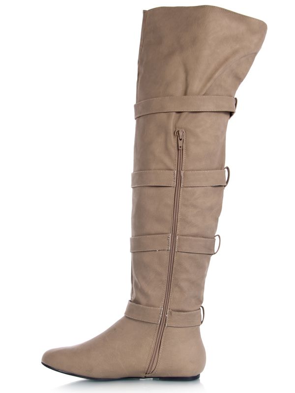 New Qupid Women Trendy Over The Knee Buckle Detail Flat Boot Sz Beige 