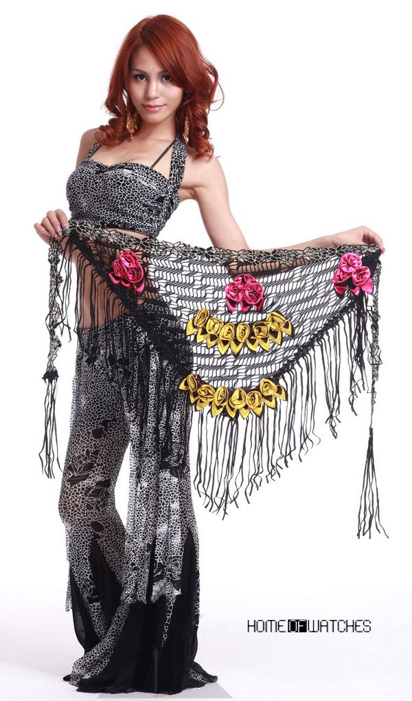 Black Belly Wrap Hip Scarf Costume Exquisite Tassels Flower Pattern 