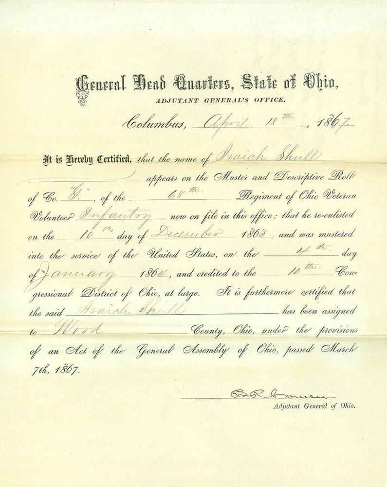 General Benjamin R. Cowen, Document Signed, 68th Ohio Infantry