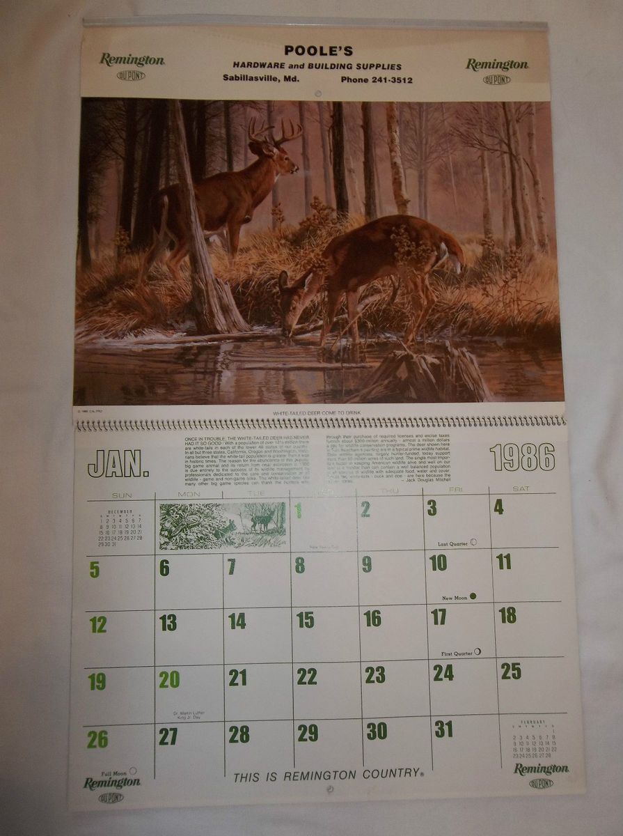 1986 ADVERTISING CALENDAR POOLES HARDWARE SABILLASVILLE MD. REMINGTON 