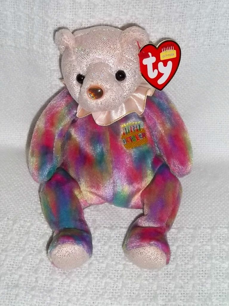   2001 Ty BEANIE BABY Plush HAPPY BIRTHDAY OCTOBER Bear Stuffed Toy Opal