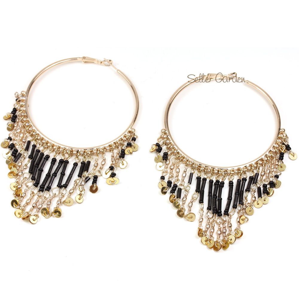 Gold GP Fringe Dangle Chandelier Big Hoop Earrings N918