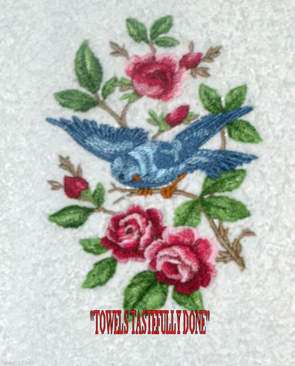 BLUE BIRD IN FLOWER BRANCHES   STUNNING   2 EMBROIDERED HAND TOWELS by 