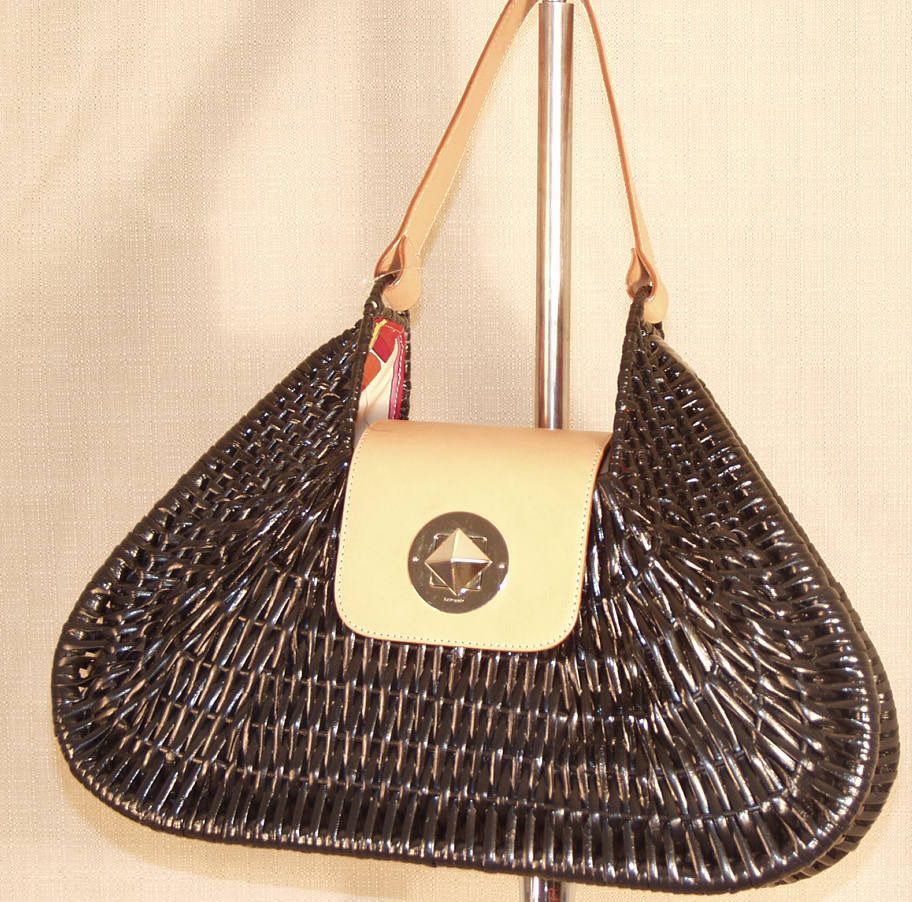 Kate Spade Black Wicker Straw Purse Tan Leather Handle Large Guar Auth 