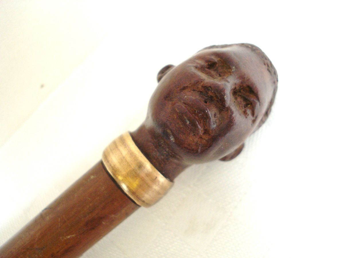    ANTIQUE BLACK AMERICANA MENS CARVED WOOD WOODEN CANE WALKING STICK