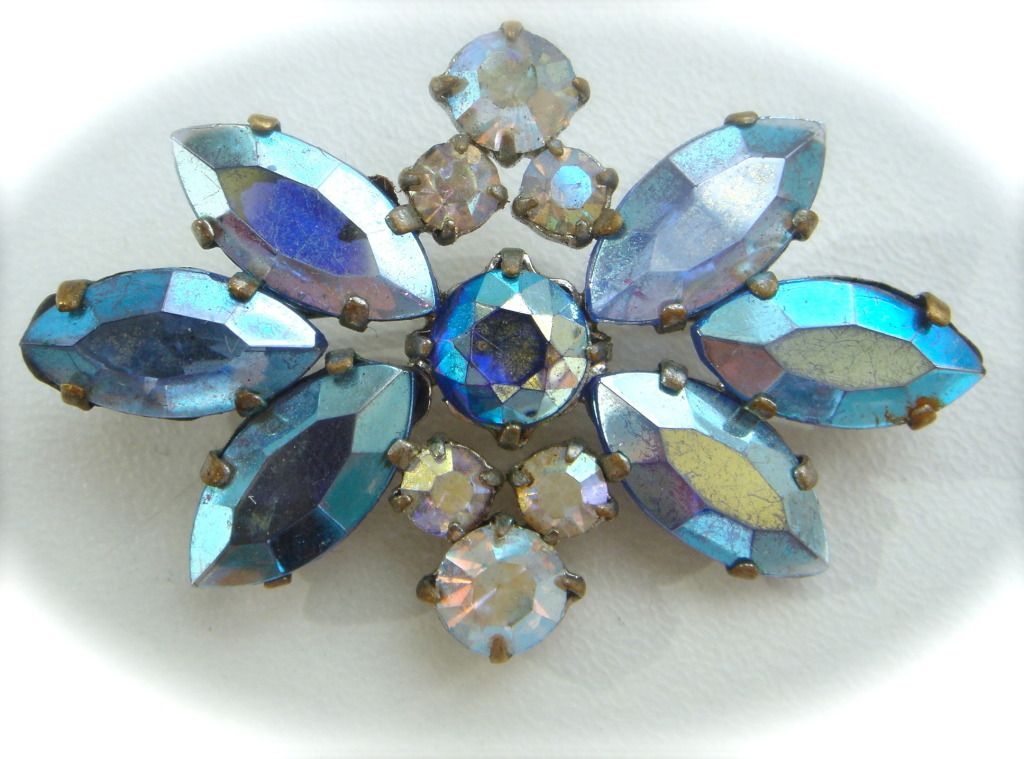   Art Deco Silver Tone Brooch Pin Czech Aurora Borealis Blue Clear Glass