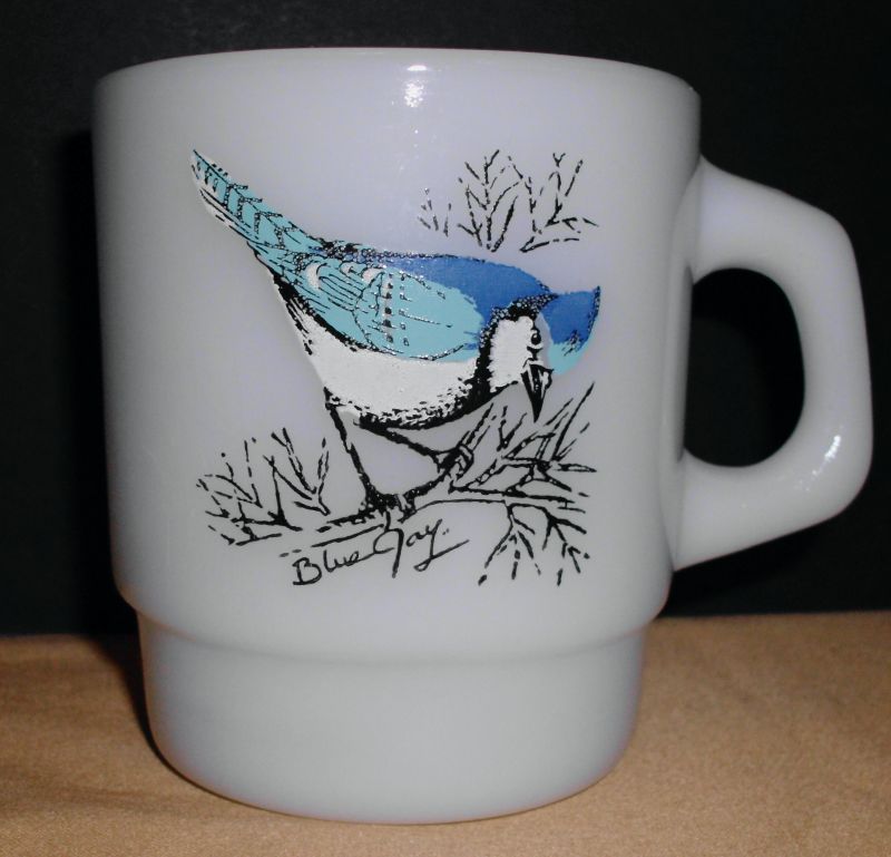 Fire King Blue Jay Milk Glass Mug Anchor Hocking