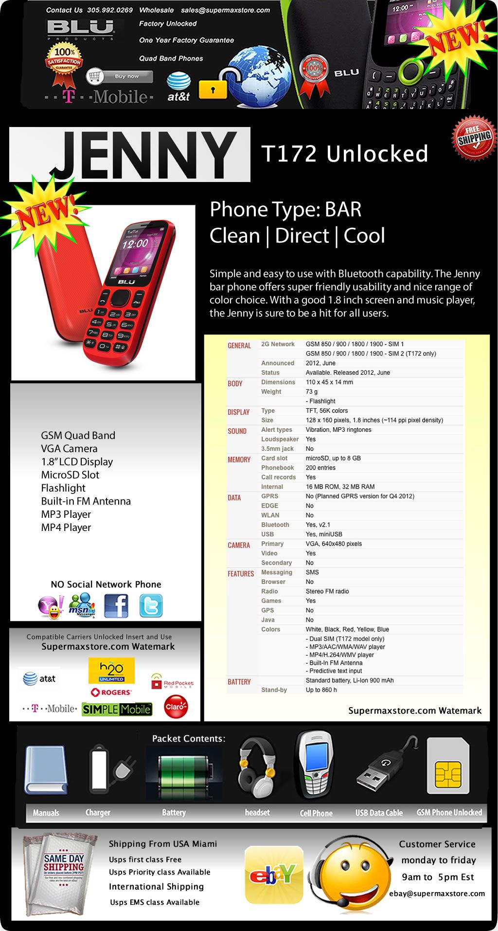 Blu Jenny T172 Dual Sim Quadband Unlocked GSM Red Cell Phone New Model 