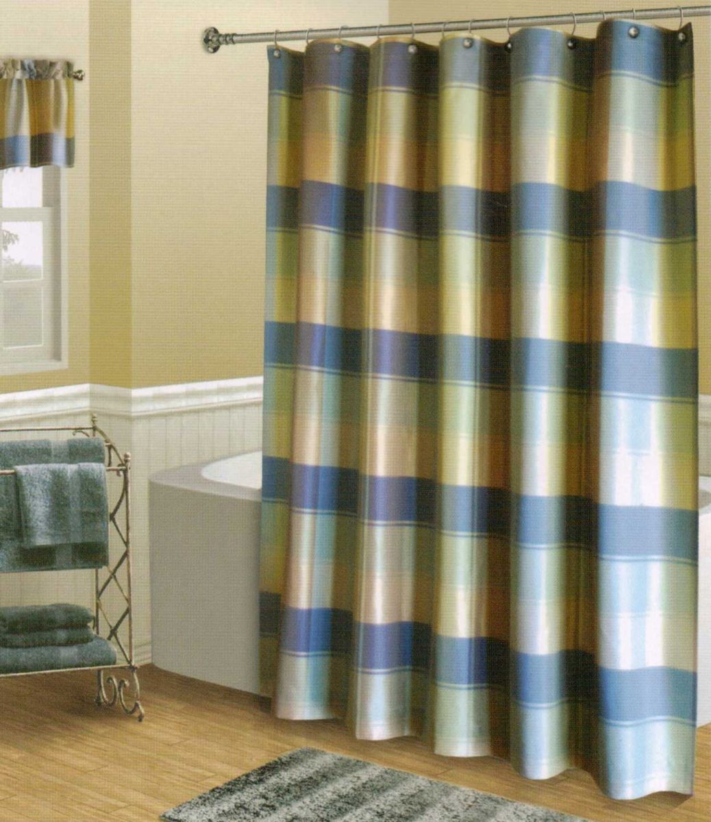 Plaid Blue Green Tan Textured Luxury Fabric Shower Curtain NEW