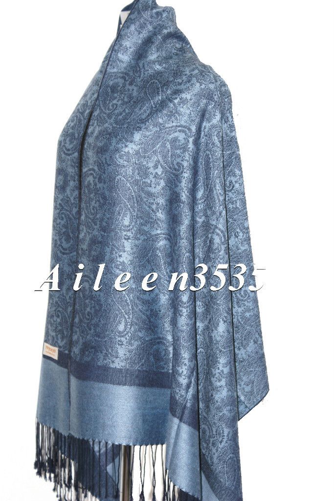 Stunning 70 Pashmina 30 Silk Paisley Shawl Jeans Blue