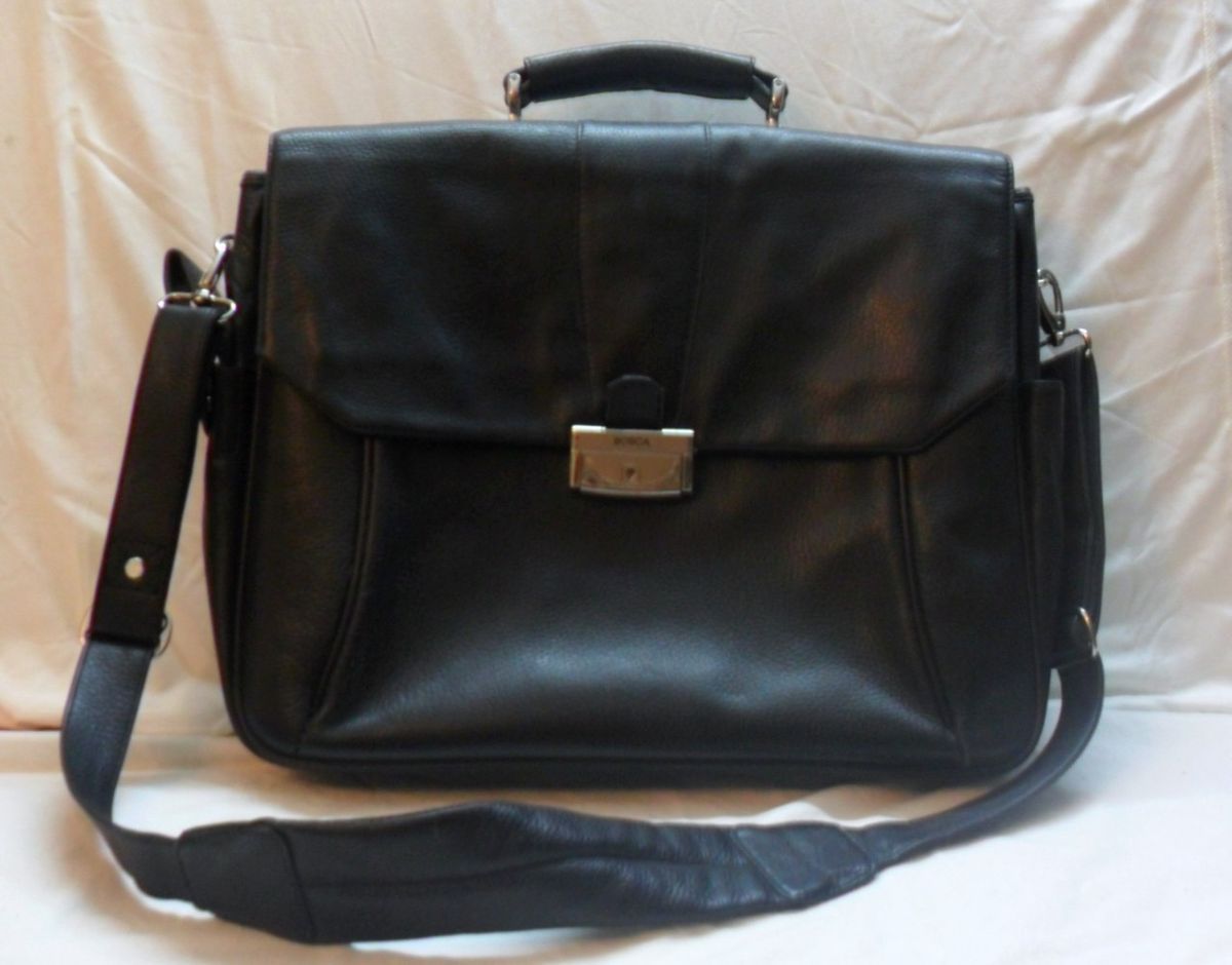 BOSCA Black Leather Laptop Computer Shoulder Bag / Briefcase