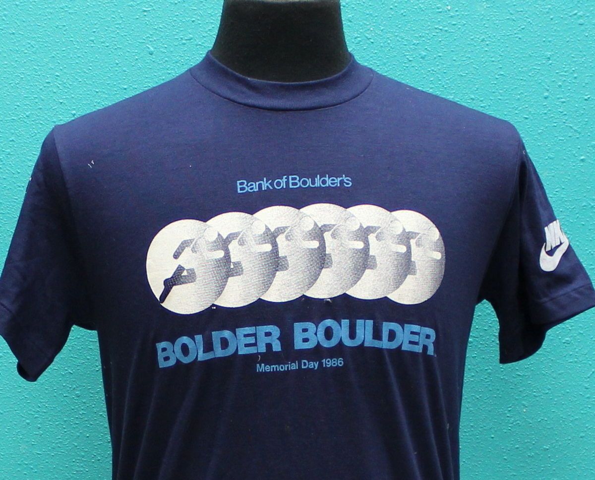 vintage NIKE BLUE TAG 80s bolder boulder T SHIRT deadstock MINT 