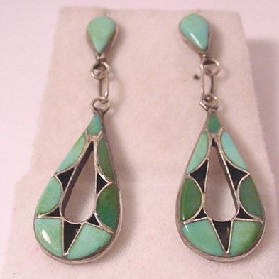 VTG 1930 S ZUNI INDIAN GREEN BLUE TURQUOISE STONE DROP STERLING SILVER 