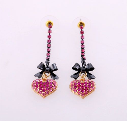   Betsey Johnson Pink Heart Crystal Black Bow Dangle Earrings