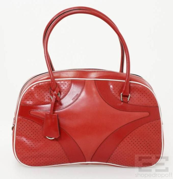 prada red perforated leather white piping bowler bag