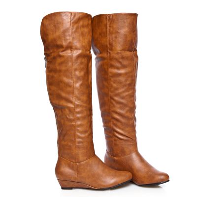   Fold Unfold Cuff Knee or Over The Knee High Subtle Wedge Boots Cognac