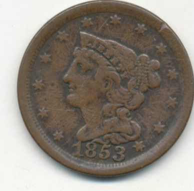 1853 HALF CENT BRAIDED HAIR DESIGN NICE CIRCULATED TYPE COIN